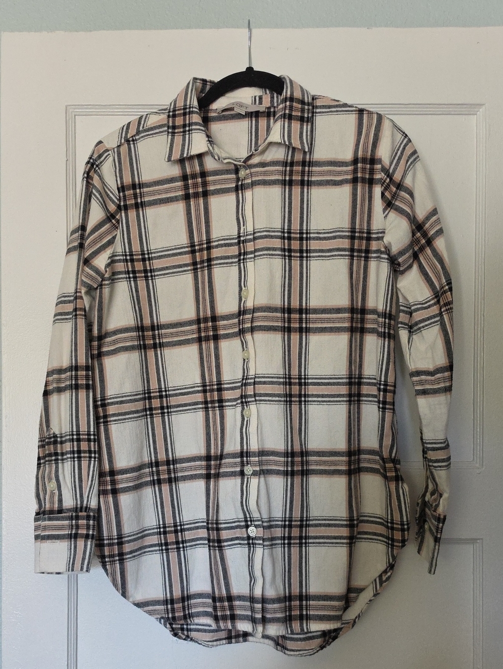 LOFT Cream Plaid Button-Down Flannel Shirt with Brown and Black Stripes
